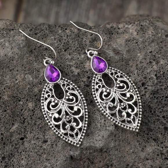 Any 4/$25! Intricate Silver Purple Crystal Boho Drop Earrings - Picture 3 of 6